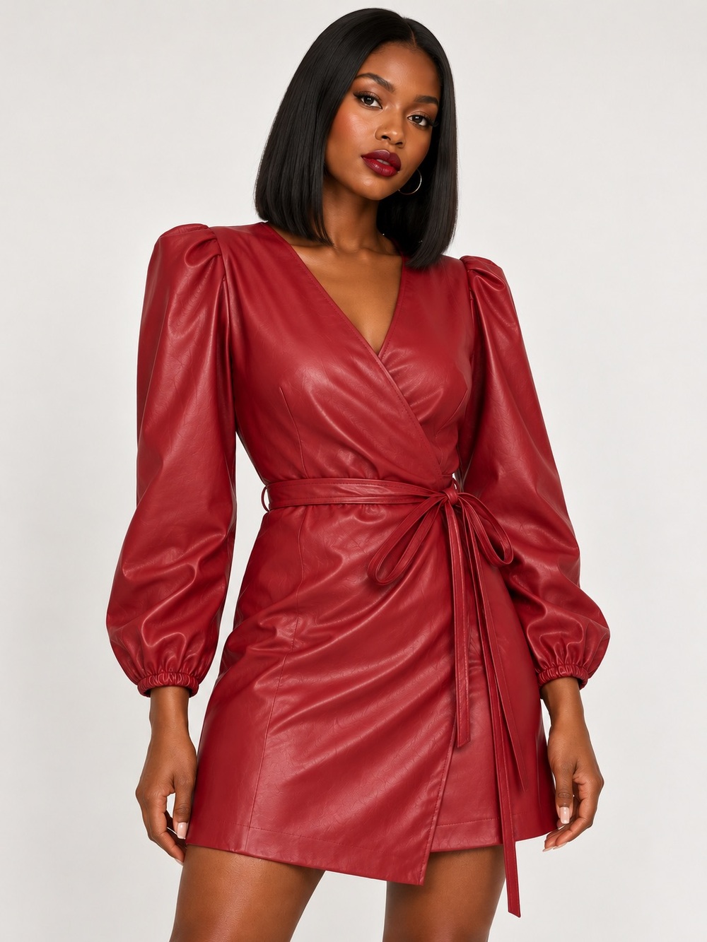 BCBG Paris Burgundy Faux Leather Wrap Dress Size L